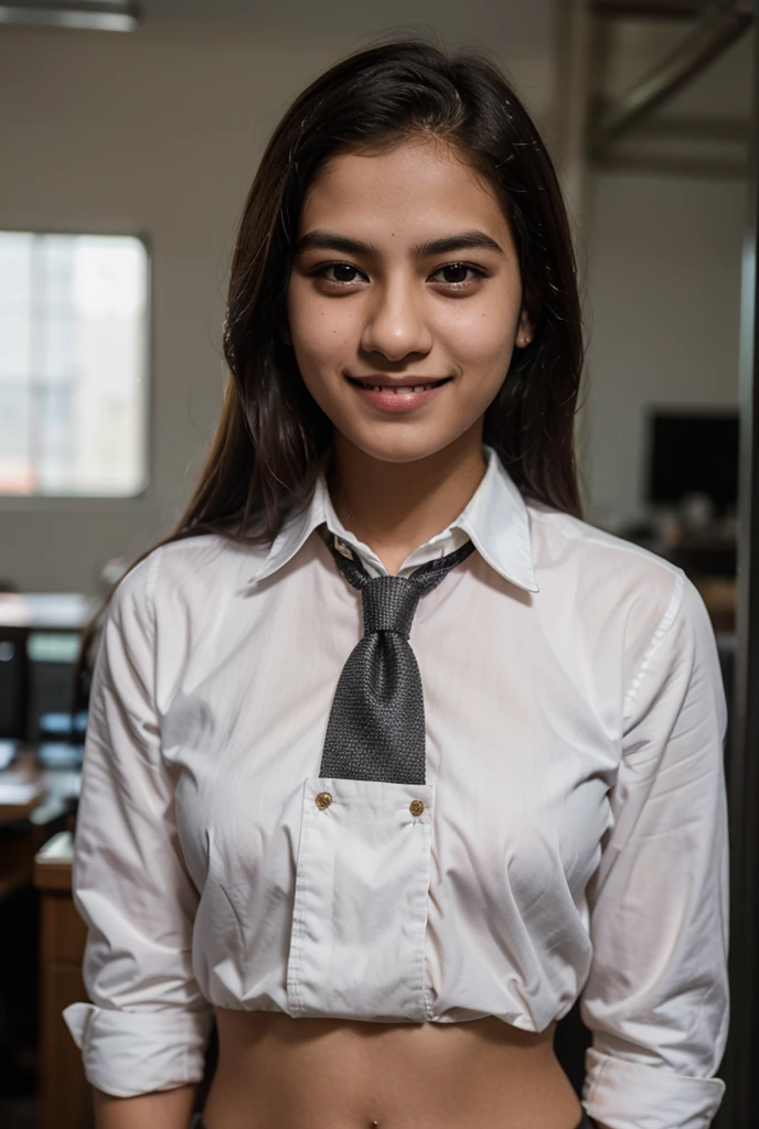 Photo of A young latin HR recruiter, in her office. 35mm camera soft blur background, Close Portrait view. Wearing elegant uniform