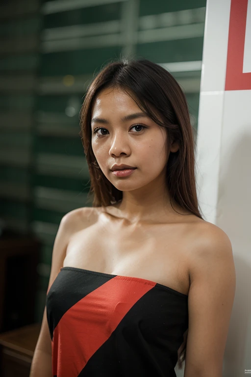 Indonesian woman, thick body, cold atmosphere ,bikini thick cheeks , full body , random pose, wavy short hair , thick hips, 40 years old , slightly fat arms , slightly fat belly , thick thighs pants
