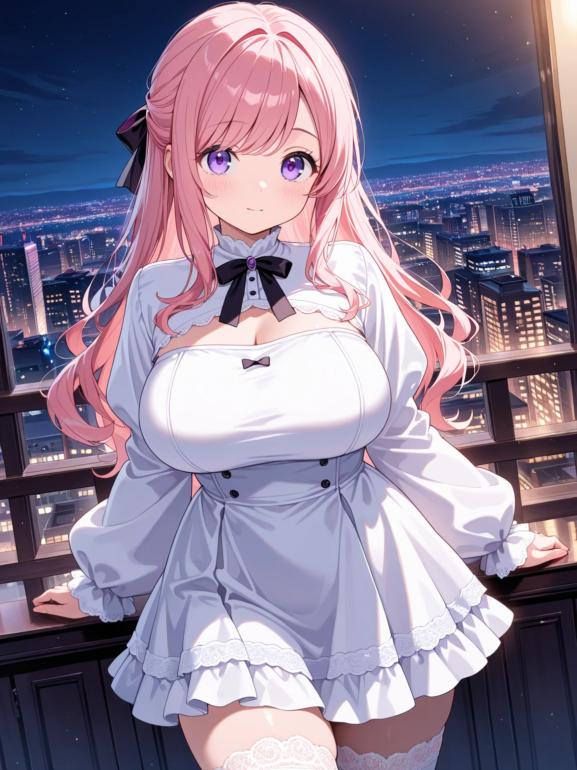((Midnight, Best quality, 8k, Masterpiece, 1girl :1.3)), Whole body, Long legs, Sharp focus :1.2, A pretty woman with perfect figure :1.4, Slender abs :1.1, ((long huge breasts, sagging breast, side set breast shape:1.5)), (White tight Sweaters, Jean bib, Standing:1.2), ((Pink hair, Bun hair style)), ((serious expression)), ((Night city view, Rooftop:1.3)), Highly detailed face and skin texture, Detailed eyes, sadistic smile, evil smile