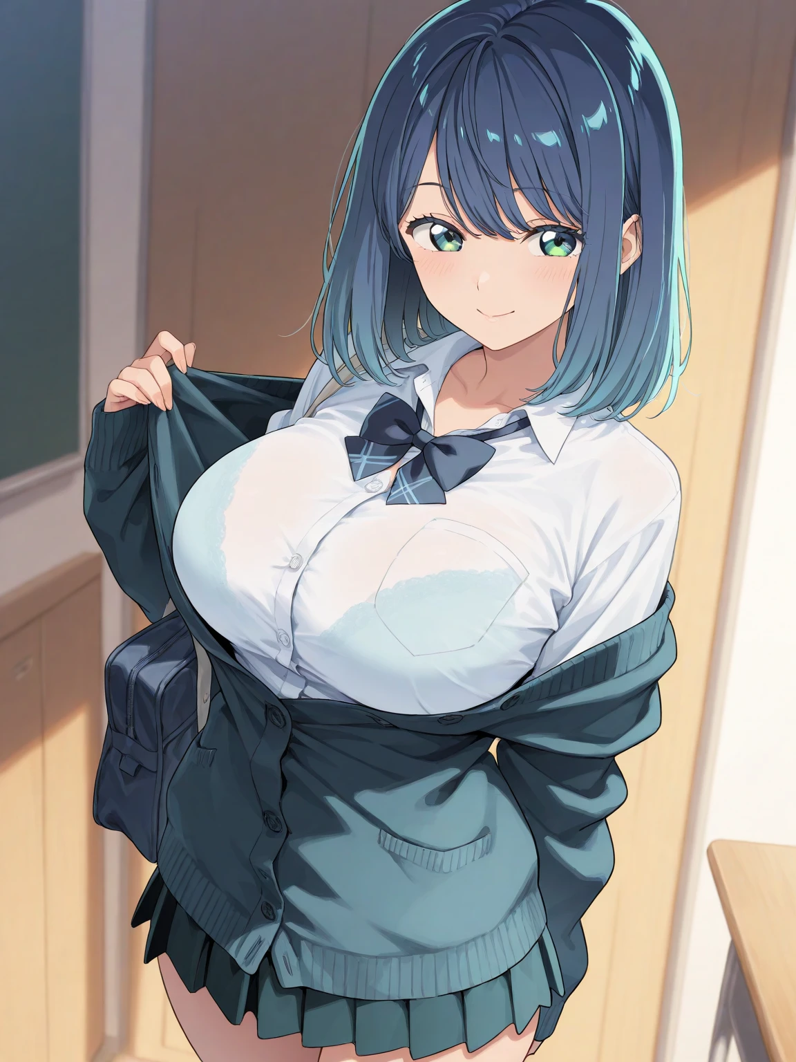 1girl, kamazuki suzuno, hataraku maou-sama!, (goblin slayer!), (throw_hand, pink vibrator remote switch in throw_hand, throw:1.2), Highest quality, Super detailed, masterpiece, Ultra-high resolution, 8K, Ridiculous, Cowboy Shooting, Blurred, Focus on the girl, Embarrassing, blush, Lovely, Open your mouth, What saliva leaves behind, Wet skirt hem, (Sticky panties:1.1), Bulging of the vibrator cord, Vibrator with Garters, (cleavage), Classroom Background, The skirt is accidentally exposed,(large breasts), (crop top navel), (waist line), Accidentally exposed panties