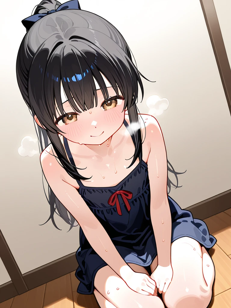 Sweater fabric mini dress,bare shoulder,(1girl,Beautiful 14 year old girl),((Slender,,low length,Small breasts,Thin legs,Small Ass,Baby Face,Small face)),Hands Behind Back,lick,open mouth,tongue out,cum on tongue,front face,from front,front view,looking at viewer, looking ahead,from above,cowboy shot,Black Hair,two side up,Gray Eyes,Drooping eyes,slit pupils,narrow eyes.middle School girls,Kneeling,Straight Stand,Beautiful and detailed anime art,Mischievous smile,Sexy vibe,Dimly lit room,On the bed,Simple Background,Gray background,Low lighting