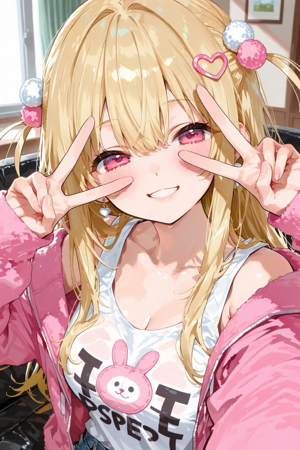 masterpiece, high quality, perfect face, high texture, 1 girl, 1 person, anime, cute face, insane expression, blonde hair, loose hair, long wavy hair, eyes open wide, big eyes, round eyes, pink eyes, small breasts, white tank top, pink woman short pants, look toward camera, smiling widely, pink bunny ribbon headband