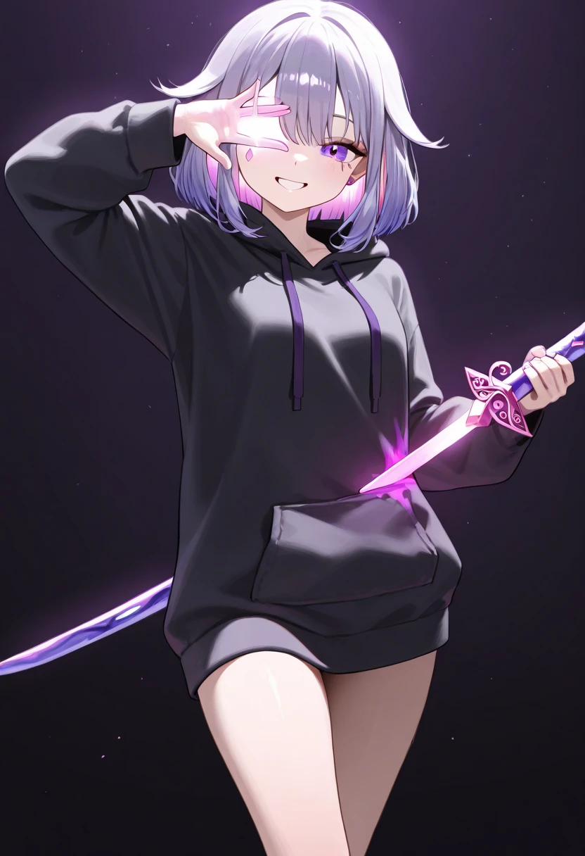 (high quality, 8k, 4K, High Contrast, masterpiece:1.2, 最high quality, Best aesthetics),high angle shot, Newsboy cap,((1 female)),((Holding a sword:1.5)), ((Background in a dark room:1.3)), ((Holding a lit cigarette:1.4)) ((Flat Color)),High Contrast, Contrasting colors, , Pale pink and blue lighting,Pink Hair, Red eyes, Oversized blackＴshirt,Denim shorts,(White loose socks),Purple sneakers, Looking at the audience, (Cool look), Sleepy eyes, ((Short Hair)) , (Tied Hair), Small star-shaped earrings in both ears, bright eyeshadow, Mature face,watch on right wrist,necklace,The cleavage is visible,small tits.