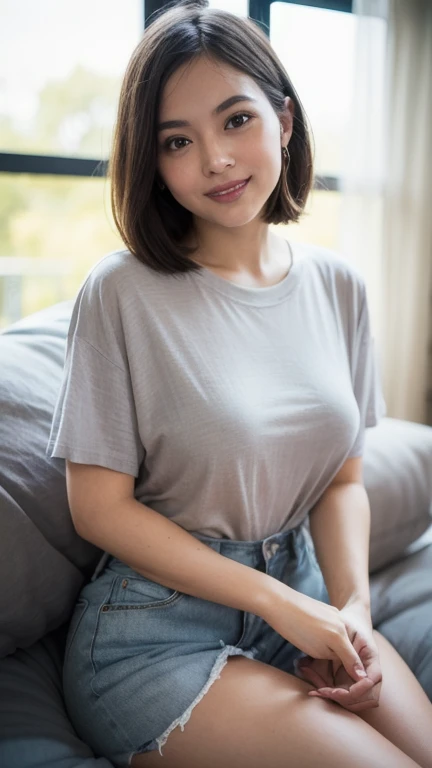 (Highest quality:1.5), (Real:1.4), (Ultra high definition:1.4), (No correction:1.4), (33 year old chubby housewife), (1 Japanese chubby woman with small breasts in thirty-three years old), (chubby body), (small breasts), (33 years old round face), (Beautiful skin), (bangs:1.1), (short hair), (Plain T-shirt), (Denim pants), (chubby housewife is standing in the living room), (33 years old small breasts housewife with plain T-shirt and denim pants is standing in the living room), (front view of a woman:1.1), (Living room at home), (Upper Body), (smile), (Face to face), (chubby), (small breasts), (upright:1.1), (Portrait:1.1), (plain T-shirt)
