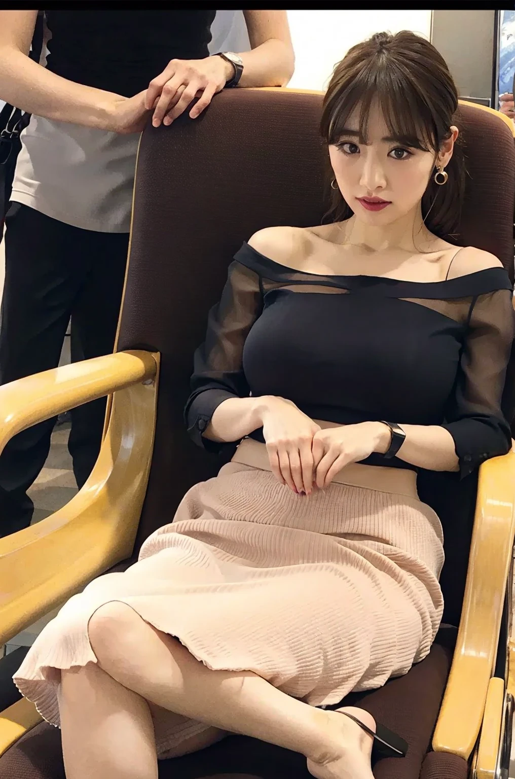 arafed woman sitting on a couch with her legs crossed, Yoshitomo Nara, she is wearing a black dress, japanese model, 165 cm tall, Chiho, with black, about 3 5 years old, narumi kakinouchi, 2 4 year old female model, taken with canon eos 5 d