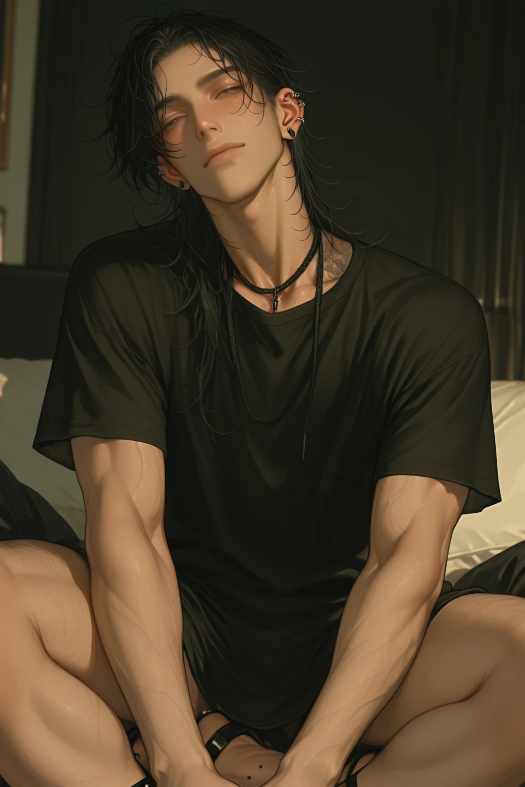 Best Quality, Masterpiece, Ultra High Resolution, (Fidelity: 1.4), Photos, 1 Handsome Long Hair (((Boy)))), Dim, Darkness, Lightning, Despair, Pathese, Movie, Tears, Teardrops, ((Men)), (Torn Clothes: 1.5), (Wet Clothes: 1.4), Kneeling on the Ground, Saving Yourself, Biting Lower Lip, Bare Shoulders, Real Rain, Wet Hair, (((Men)))