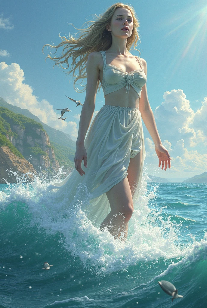 ((Лучшее качество)), ((шедевр)), (подробный), Naked girl on the beach looking at the waves