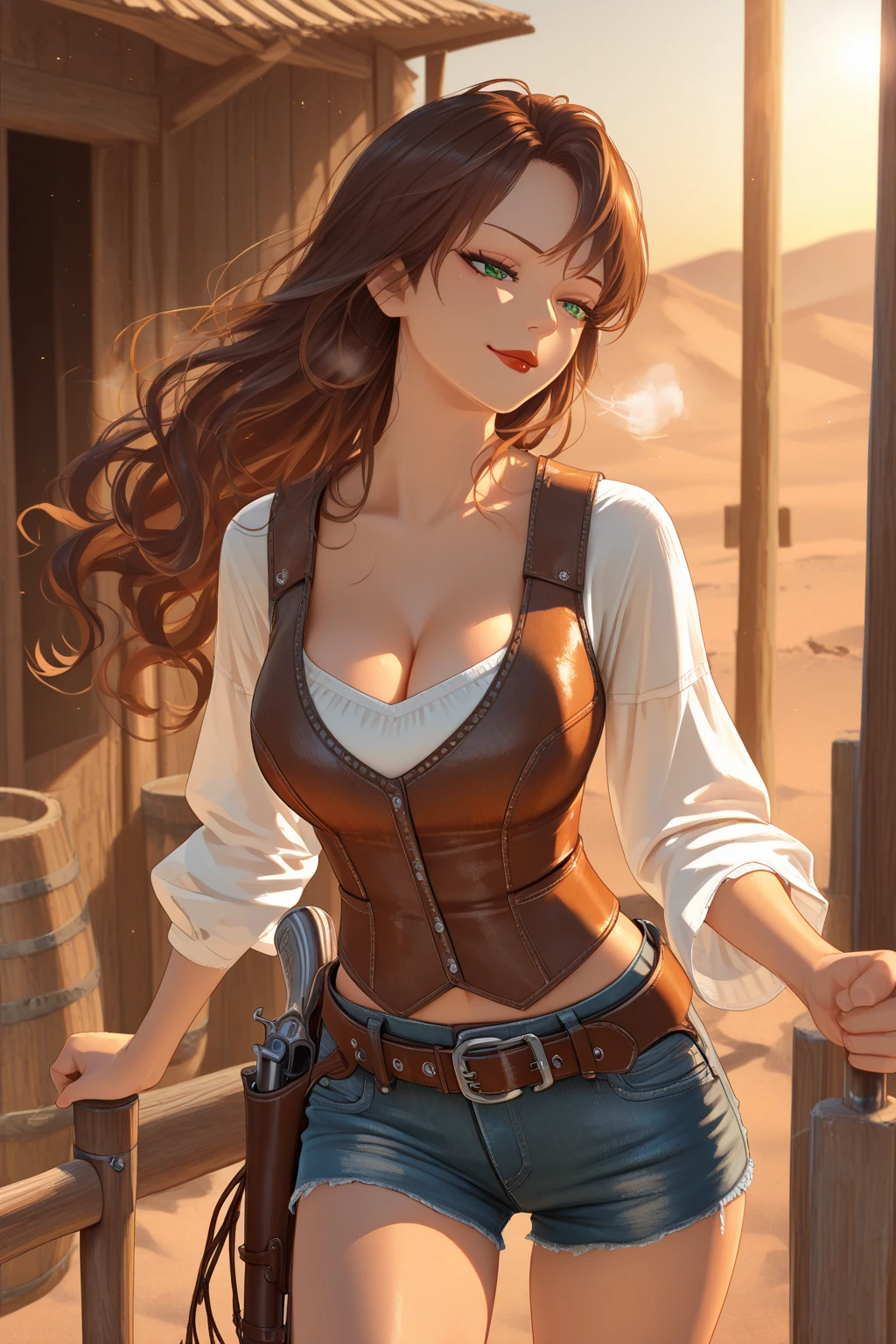 (masterpiece), best quality, expressive eyes, perfect face, (tavern background), (standing), (smirk), (closeup view), (1girl, vanessa alessia, dark skin, tanned skin, brown hair, wavy hairstyle, brown eyes, hourglass figure, thin body, skinny body, petite_body, medium breasts, thick thighs, long fingernails, white front lace blouse, long sleeve, loose fit, brown leather corset, brown leather shorts, brown boots, sheathed cutlass sword, flintlock pistol in holster, hoop earrings, miscellaneous jewelry),  big breasts, stripping, elegant makeup, exhibitionism, naked in public, , slim thighs, toned body, shiny skin, sexy pose,narrow hips, wearing high hip thong and see-through top, amber eyes, (((girl stripping on table))) 