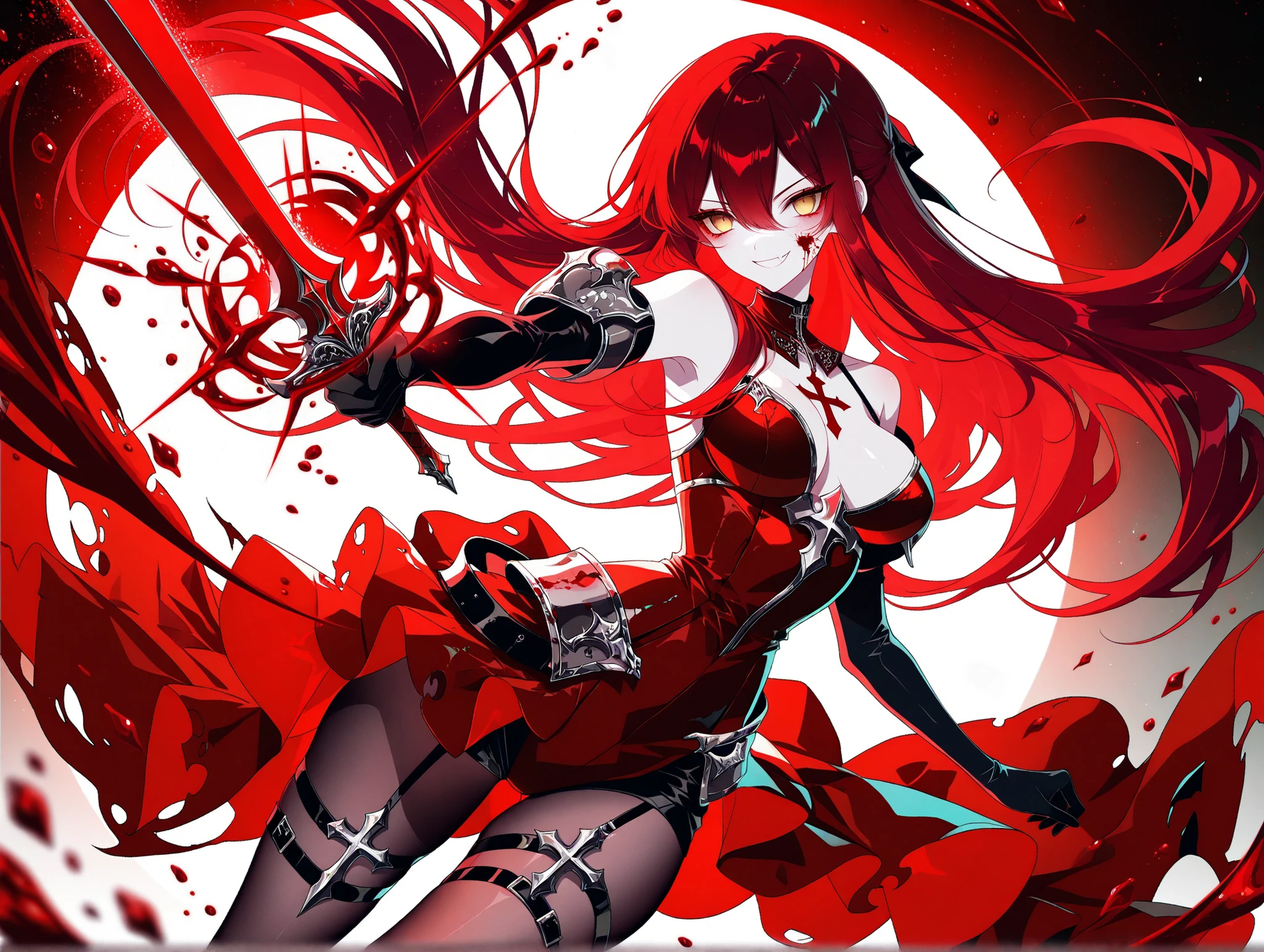 1 girl, Ryu Shana, burgundy hair, very long hair, half-updo, hair between eyes, long sidelocks, golden eyes, medium breasts,  petite, curvy, very cute, 
empty eyes, black gloves, red dress, elbow gloves, clevage, garter straps, thigh strap, ((asymetrical clothes, asymetrical dress),torn pantyhose,  belt, bodystocking, claymore, red claymore, divine princess, holding sword, 
blushing,  smile,(chest tattoo, red chest tattoo), blood, blood on face, floating hair, blood magic, skin fang, dynamic pose, skinny, Asian facial features,emaciated,
black background, black and red theme, mini background, transparent background,  (detailed skin),cinematic lighting , cinematic angle, soft light , color detail, backlighting, Depth of field, long exposure, light steps,  intricate colors, vibrant colors, red outline, outline ,ultrakill, cross, Limited color palette, (flat colors, red background, red themed background, outline, red outline, silhouette), simple background ,[artist: deal360acv],[artist: Sheya]
masterpiece, best quality, good quality, newest, offcial art, colorful, perfect anatomy, (colorful:1.3), (2D:1.3), detailed background, very awa, incredibly absurdres,