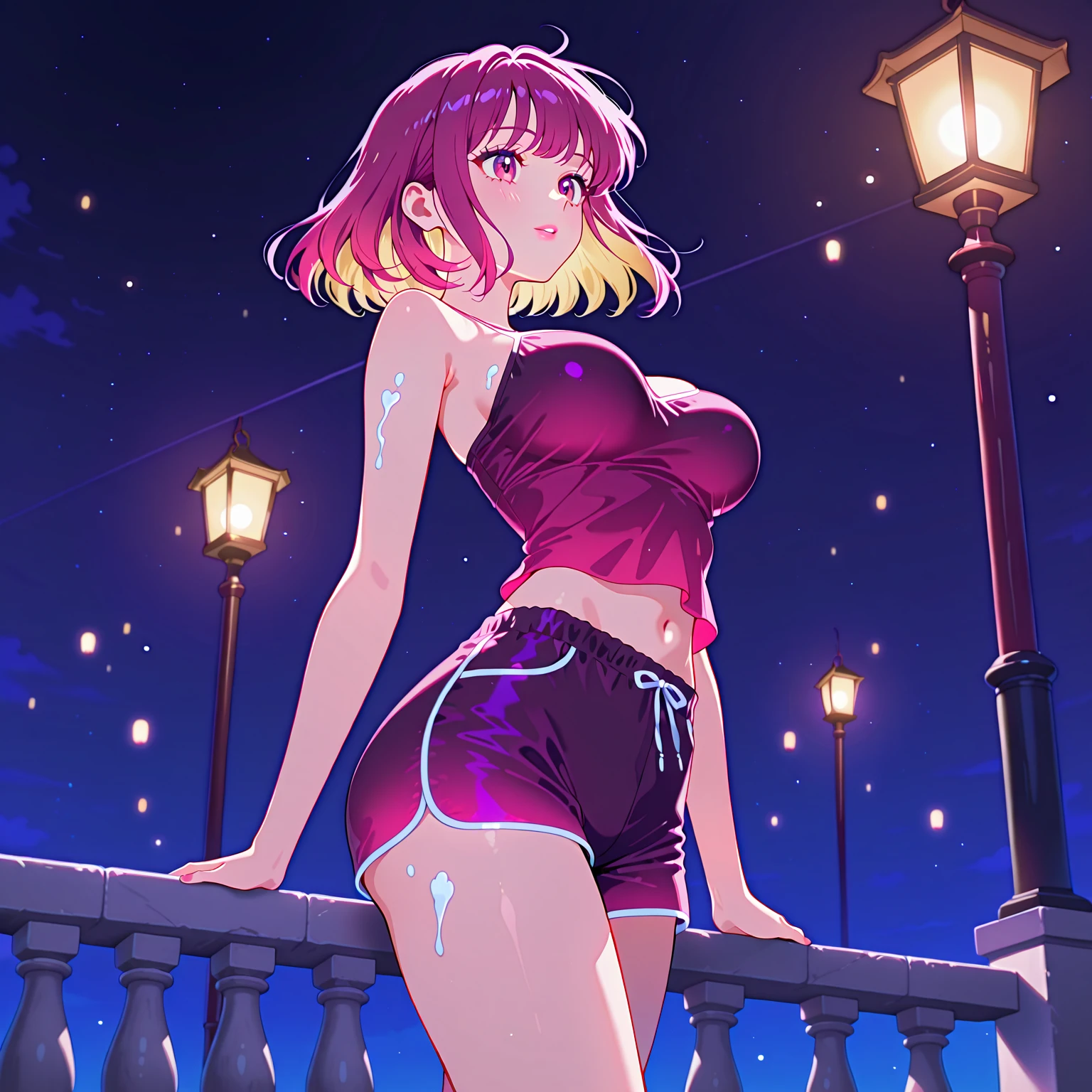 <lora:xcdd:0.7> xcdd, dress, wading, star, water, sky, night, glowing, sparkle, star, night sky, backlighting, light particles, floating hair,, absurdres, ultra detailed, masterpiece, best quality, aesthetic, detailed,, solo, seductive smile, red lips,
1girl, purple eyes, red hair, blunt bangs, large breasts, <lora:hair_rings:1> low hair rings, <lora:EllaNyan:1>,