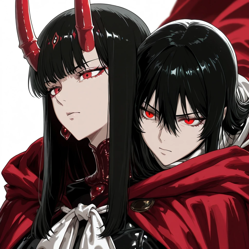 anime manga art, of a woman,tall white haired man with two sharp white horns, with pink eyes, wearing a red cloak and underneath wearing a black outfit,with tight black pants,with black gloves, with a neutral expression, with a scar near his right eye