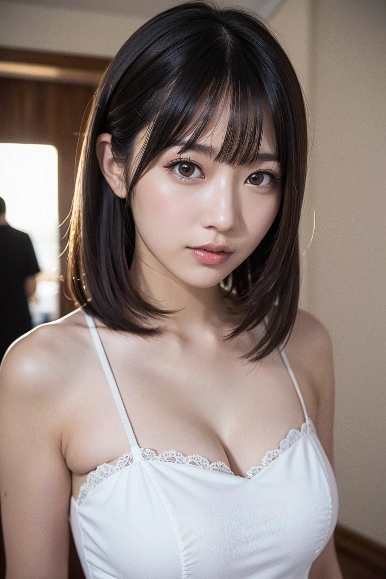 masterpiece、1 beautiful girl、Detailed eyes、Puffy eyes、Highest quality, 超High resolution, (Reality: 1.4), Cinema Lighting、Japanese、Asian Beauty、Korean、Super Beauty、Beautiful Skin、Slender、Body facing forward、(Surreal)、(High resolution)、(8k)、(Very detailed)、(Beautiful and detailed eyes)、(Ultra-detailed)、 (wallpaper)、Detailed face、Bright lighting、Professional Lighting、View your viewers、Look straight ahead、The outfit is a clean light orange shirt and dress.....、46 point diagonal bangs、Night Scenery、Brown Hair、Nogizaka Idol、Korean Idol、Gravure idol pose、、Age 25、expensive,