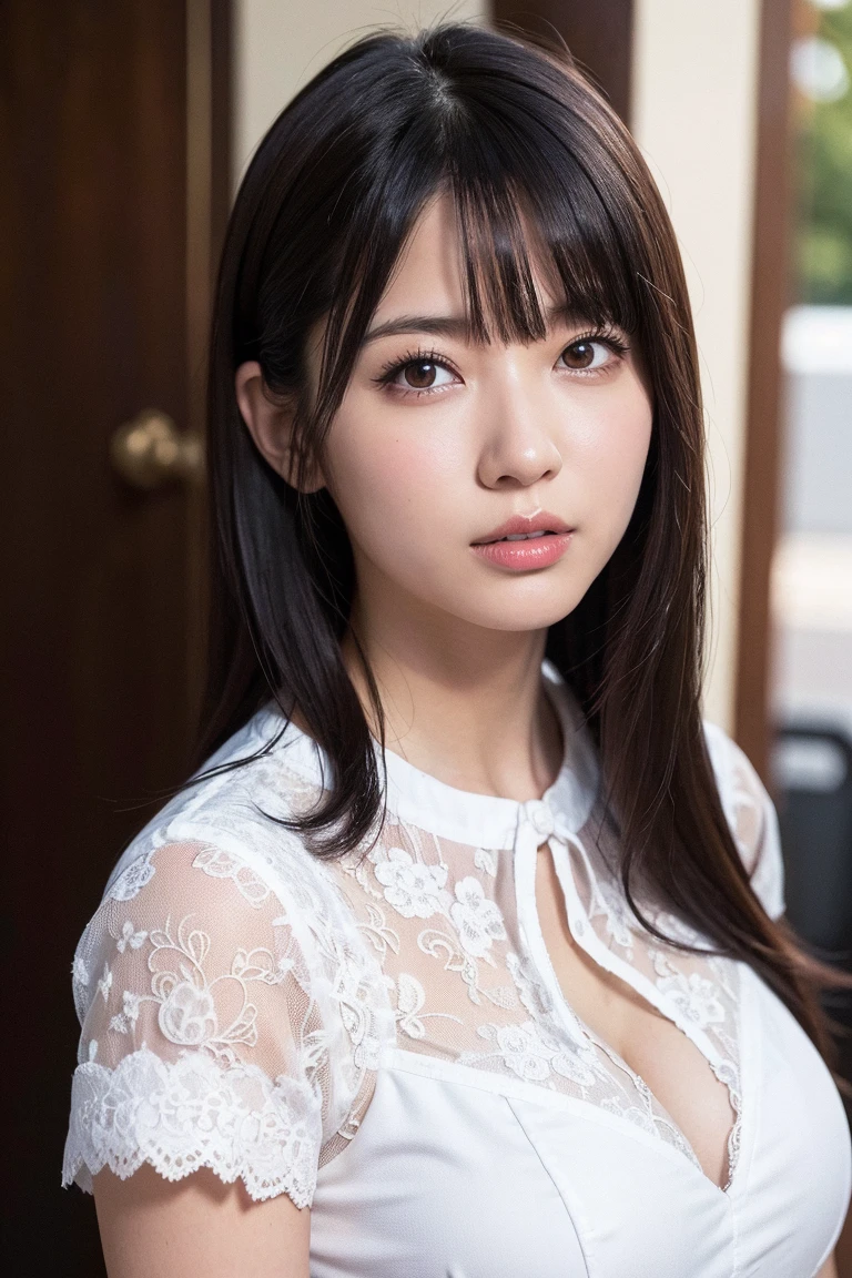 masterpiece, Highest quality, 8k,Ultra-high resolution、(((Head to knee photo)))、 2, Large Breasts, cute, alone, smile、 cute, Girlish, cute、Delicate, Pure beauty, RAW Photos, Professional photography, Soft Light, Professional Lighting, Backlight, Looking into the camera, Sophisticated, Film Grain, (Eye and facial details:1.0), Floating Hair、Messy Hair、Wavy long hair、,Asymmetrical bangs, Round face、Young Face、(Large Breasts:1.4)、Her cleavage is visible、Nipple protrusions are clearly visible:1.6、(((High School Uniform)))、Voluptuous thighs、Translucent white skin、dolly make、(Heterochromia iridis、The left and right eyes are different colors)