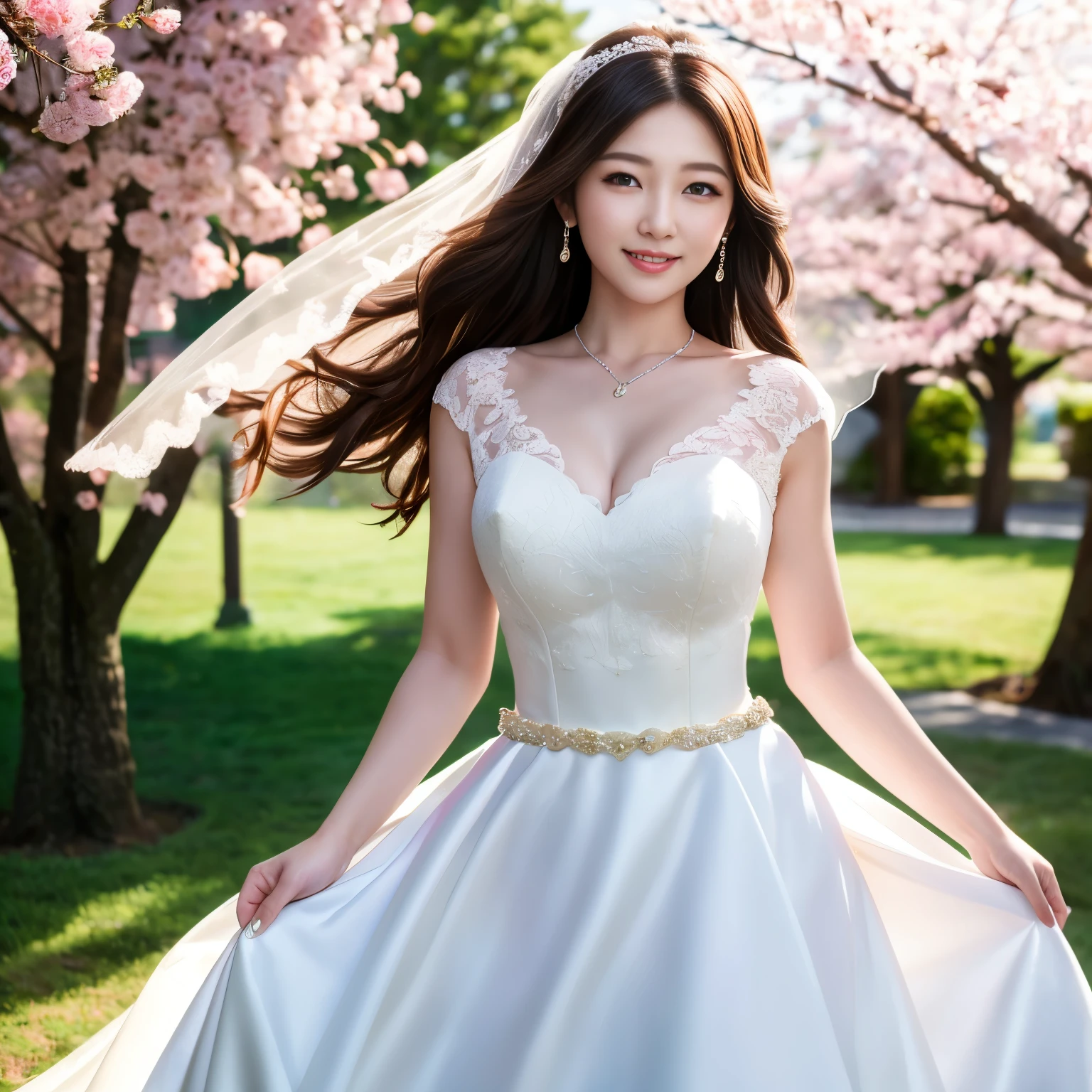 Asian woman in wedding dress posing for photo shoot with lots of flower embroidery,silk,High-grade fabrics,florals,with floral pattern,Big breasts,huge tit,爆乳,beautiful Korean women, Young Korean Woman, Happy smile,a smile,chies