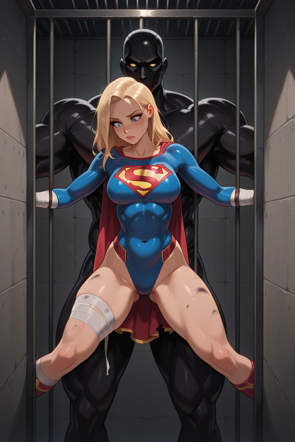 (((SUPERHEROINE SUPERGIRL SEX SYMBOL, OBJETO SEXUAL, She's wearing high heels))), (((She's handcuffed, dentro da gaiola, na cela de pedras, preso))), ((nua,sem calcinha,without bra, sem uniforme)), (SUPERGIRL is squatting, pernas abertas, preso na lama), (She is crying a lot, ela tem cabelo LOIRO, ela tem cabelo longo)), ((She wears a thick collar around her neck.)), (obra-prima, melhor qualidade) 1.5, 1 garota, sozinho, (sensual, mulher bonita, rosto perfeito, olhos perfeitos), corpo inteiro, tears running down your face)), ((SUPERGIRL em cativeiro, arms tied behind the back, Shibari, Hands tied behind the back,painful restraint by ropes)) , ropes with greenish fluorescent color