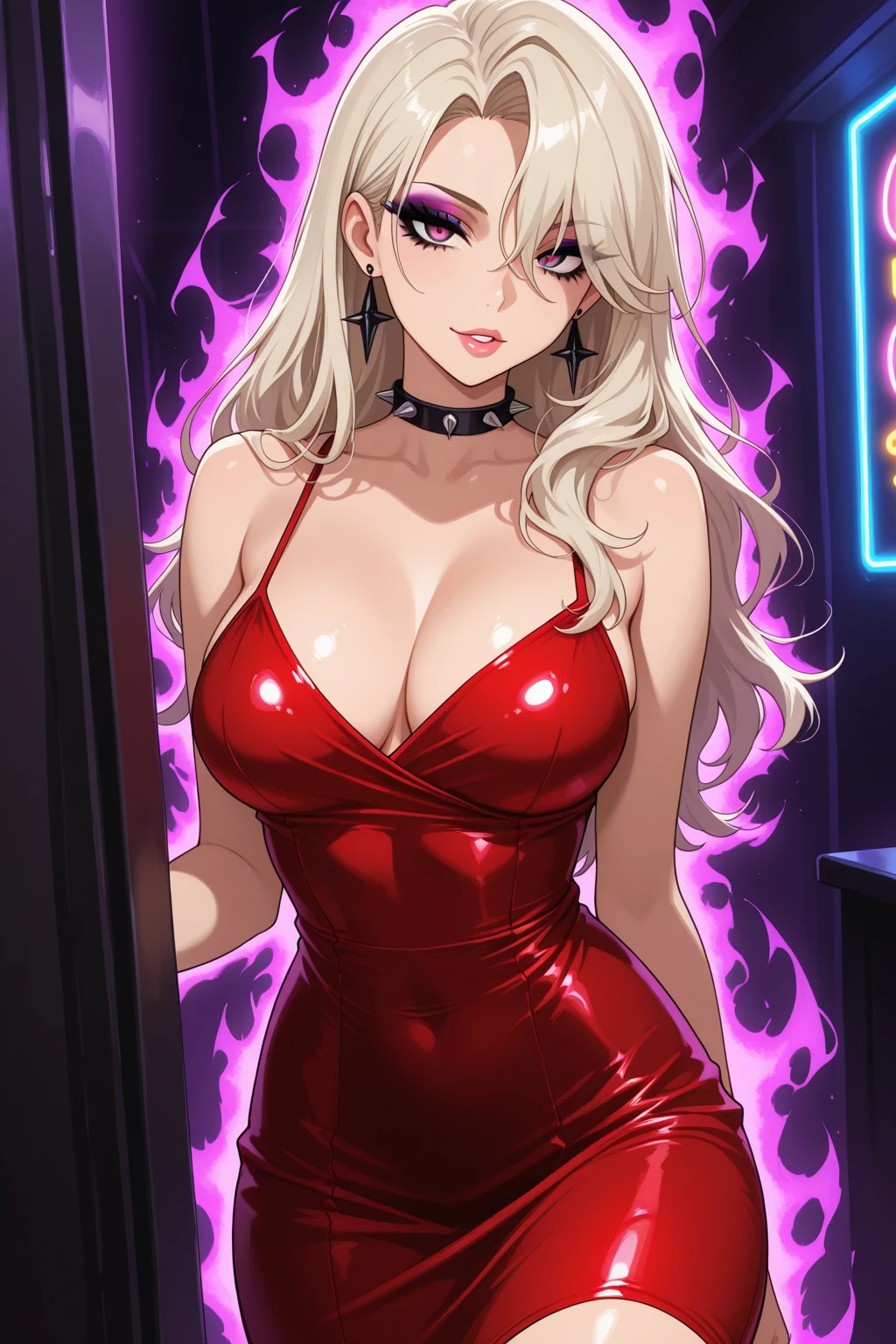 femme adulte a lunettes, Adulte aux yeux bleus, with brunette pigtails with big bows of pink hair wearing a very slim pink club dress, Huge-breasts, Beaucoup de clivage, very curved, hauts de cuisse, Sinueuse. salope, Ambiance rose, Environnement rose, bar, club, Rose aesthetic, Trois filles, Noeud rose dans ses cheveux.