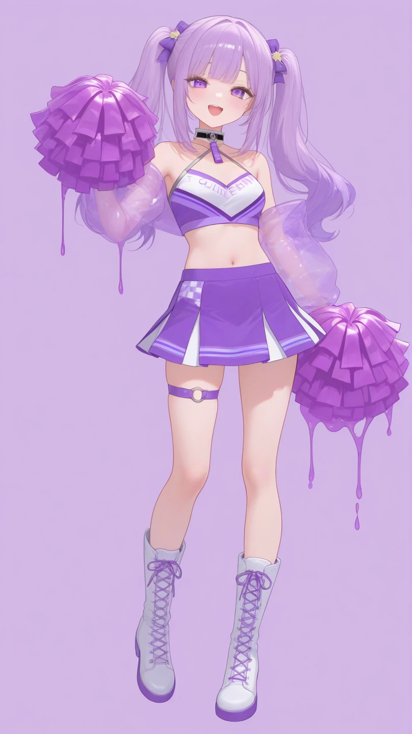 masterpiece, best quality, 1girl, zonetan, full body, blue eyes, hair over one eye, detailed face, detailed eyes, drill hair, purple long hair, bare shoulders, boots, purple crop top, short purple cheerleader skirt, skirt lift, panties showing, purple panties, exposed belly, (black stockings), (black thigh highs), solo, looking at viewer, smirk, cheering, standing, cameltoe, simple background