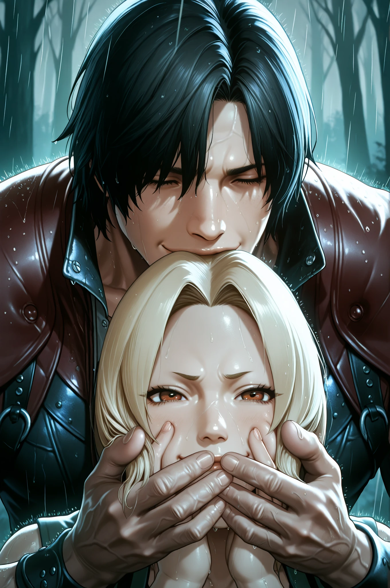 best quality, masterpiece, (realistic: 1.2), 2 man, Eren Jaeger, Zeke Jaeger, real life, live action, black jeans, black pants, brown hair, attack on Titan, black jacket, slim body, high definition, high quality, long hair, family, blue sand, cold background