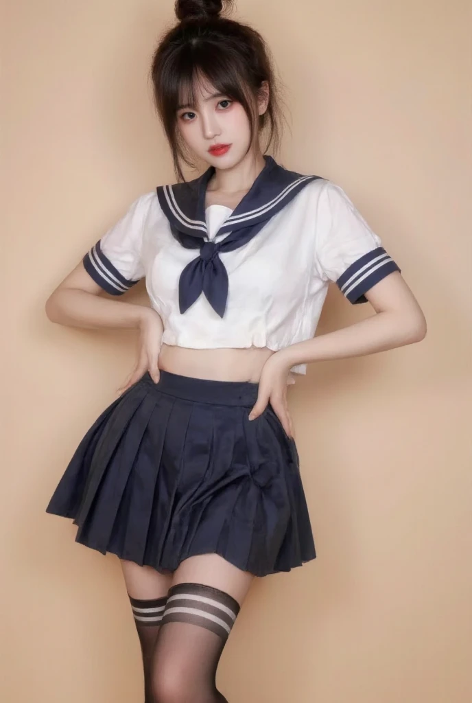 Masterpiece、highest quality、Girl 1、Super detailed、A view of a girl looking up from directly below　Black Hair　Face seen from below　Japanese 、Sailor suit、Pleated skirt、Skirt over swimsuit　Soft thighs、Thick legs、stomach　skirt lift、Skirt lift forward、Swimsuit under skirt　ceiling