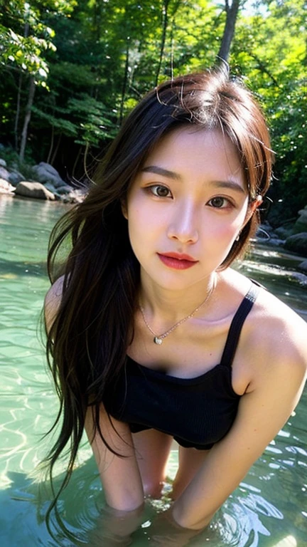 a 20 year-old naked cute chubby girl with very sexy face expression sitting beside a small river in the forest and look at to the sky.