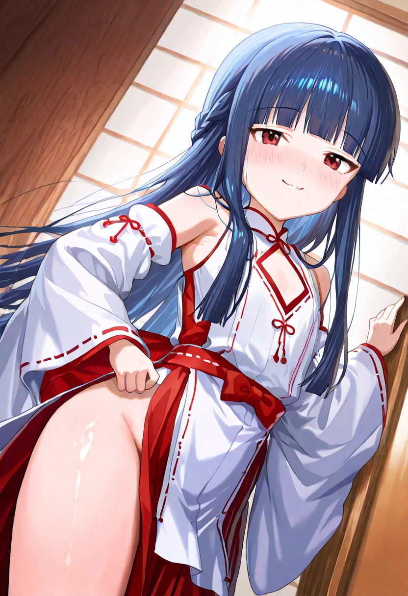 1girl, nsfw,, yukino yukinoshita, black hair, Blue eyes, long hair, ahoge,, large Breasts, nsfw, nipple, naked, empty eyes,  frozen, (Sweating profusely, Love juice, Wet Woman, female ejaculation), crying ,, Naked, , (1girl) solo, Peeing, lactation, projectile lactation, shrine