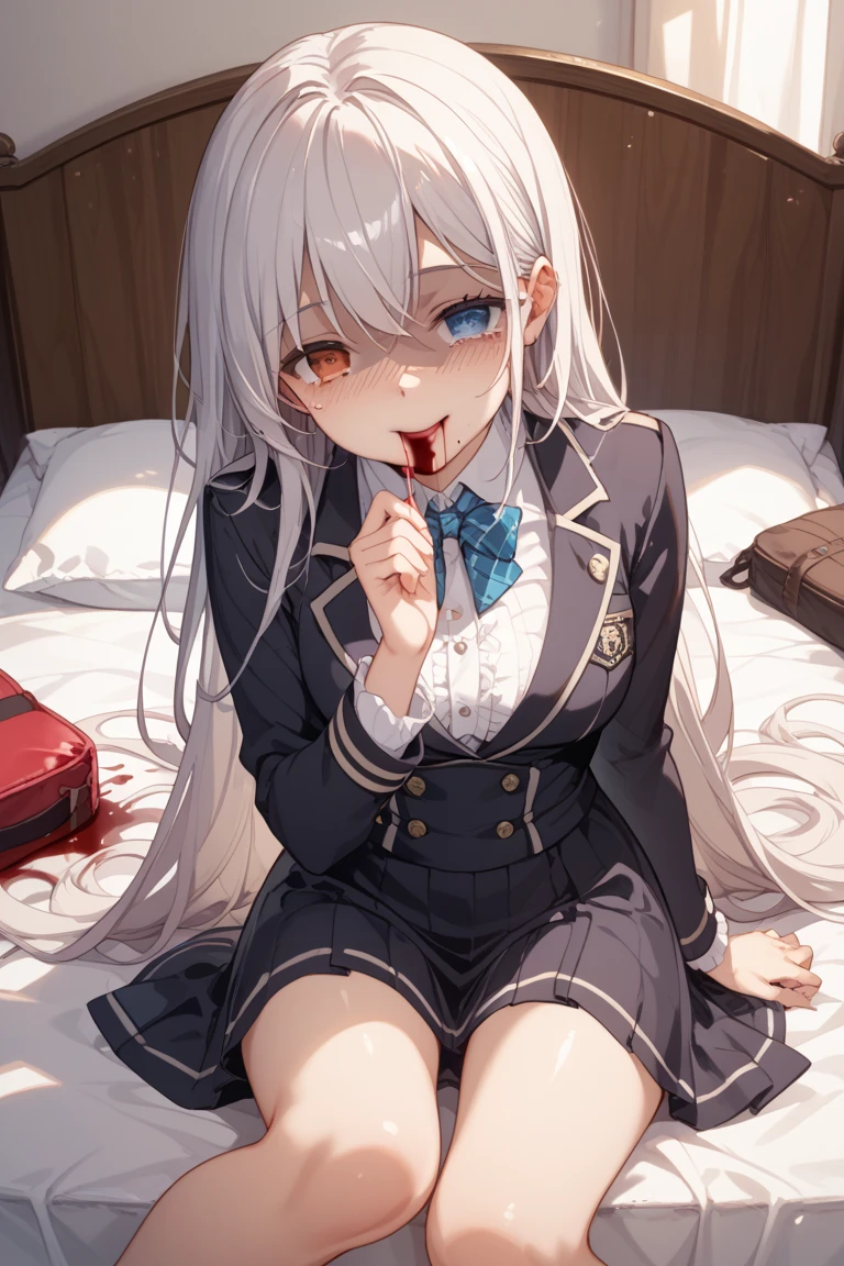 (((((obra-prima))))), (((((melhor qualidade))))), High, ((((1Kei)))), ((((((((((She's sitting in a wooden chair)))))))))), ((((((Ultra-detailed blue hands and eyes and knife)))))), ((((1girl)))), ((Formoso)), ((((((((((Knee length black skirt and long black socks)))))))))), ((((((cabelo longo)))))), ((((((((((Sorriso sombrio feminino e cativante)))))))))), ((((((((((She has a knife in her right hand with blood)))))))))), ((((((((((sangue)))))))))), ((((sozinha)))), ((((((Uma garota com cabelo grisalho longo e olhos azuis)))))), (((fita))), (((franja))), (((鎖骨))), ((((cabelo grisalho)))), (((faixa de cabelo preta))), (((neck ribbon))), (((cabelo entre os olhos))), ((((middlebreasts)))), ((((There is only one person)))), ((((adolescente de 15 anos)))), (((uniforme escolar feminino camisa branca jaqueta preta jaqueta aberta saia preta longa))), ((corpo completo anatomicamente correto)), (((pernas femininas normais cruzadas))), ((usa sapatos pretos)), ((Detailed full scenario)), ((mystery)), ((Tempo tenso)), ((Postura equilibrada)), blush sutil | | | | | | | | |, Pingente de cristal BREAK golden hour, (Rim lighting): 1.2, tons quentes, Brilho lunar, sombras suaves, noite, cores vibrantes, painterly effect, dreamy atmosphere BREAK scenic lake, montanhas distantes, salgueiro, calm water, reflection, nuvens iluminadas pela lua, (((Dark scenery and terror))), (((((Vista de corpo inteiro e escenario completamente detalhado))))), (((pegue a chave))), Ultra Detalhado, Arte Oficial, Unity 8k papel de parede, Zentangle, mandala