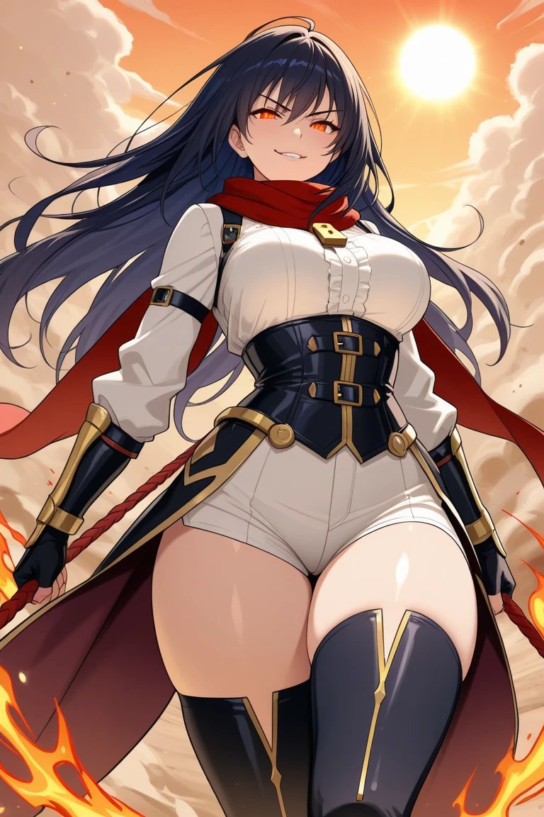 a beautiful and detailed image of meru , merunyaa,(red skin:1.3), horns,clothed,(freckles), flowing white dress,backlighting, field of flowers, holding flower, flower hair accessory, yellow eyes,smile, clouds,in front, alone, pants, medium breast,, knife holding, cloak, cape, walking, pants, solo, flip flops boots, full body, big breast
