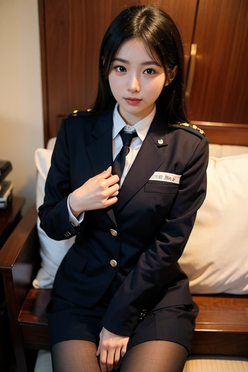 masutepiece, Best Quality, 8K、(Golden Ratio Face、Balanced eyes、very gentle eyelids)、double eyelid、Beautiful nasal muscles、Shy laughter、Lip Gloss 、Very beautiful girl、Beautiful girl solo like a model、View photographer、Image of a woman wearing a uniform with a tie, loose coat color uniform, uniform, full uniform, pilot outfit, officer uniform, girl wearing school uniform、flight attendant suit,Stewardess uniform,Stewardess uniform、(Look at viewers,Inside the plane:1.2)、(Black pantyhose)