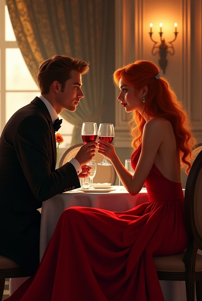 redhead woman with a red haired man,drinking wine, she sat on his lap