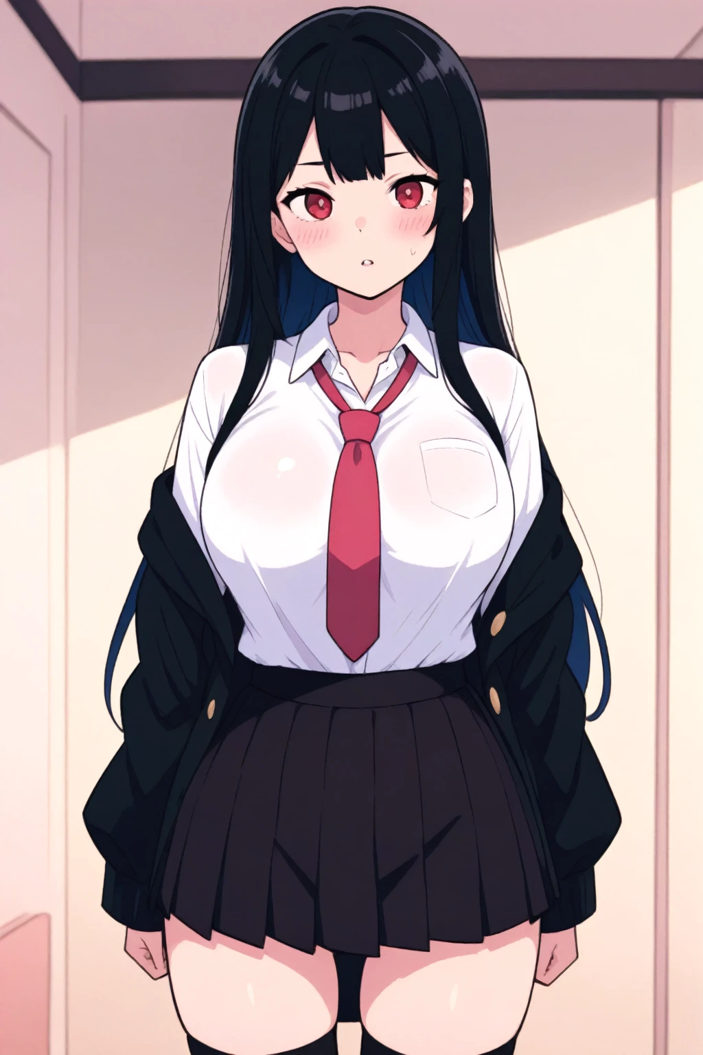 Italian girl, 25 years old, very long black hair, super gigantic breasts, thin, wearing a white shirt and a pleated black miniskirt, in a school classroom