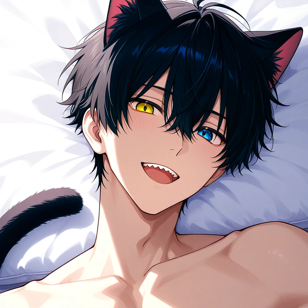 Masculine boy with feline features, sharp eyes, asian features.
black hair ,medium length and tousled.
pale white skin.
Two cat ears on his head as well as a cat tail.
Body with pronounced pectorals and muscles worked but not excessively.
On a bed naked.
Marvel Comics style