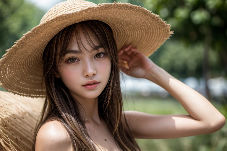 (masterpiece, Highest quality:1.2), 8k, Young and beautiful, 85mm,Official AR RAW Photos, Baby Face, Photo of a Japanese woman in white clothes (Lightweight tank top:1.4) , (Side bust), cute, Shyness, , (((Thin and sexy clothes:1.4))), I can see my belly button, Black Hair, short hair, Big straw hat, (Brown tanned skin:1.4), swimtan, Looking at the audience, realism, Video Effects, Volume measurement Lighting, Volume measurement Light, Volume measurement, Midsummer, blue sky, cumulonimbus, Advanced Details, Detailed and complex, Intricate details, high Intricate details, More information, Confused, High resolution, Medium Shot, Single Shot, Shallow focus, lips, Mid-chest,