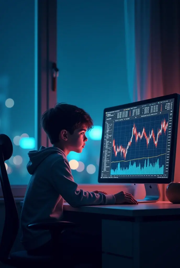 A young boy sitting on the trading desktop