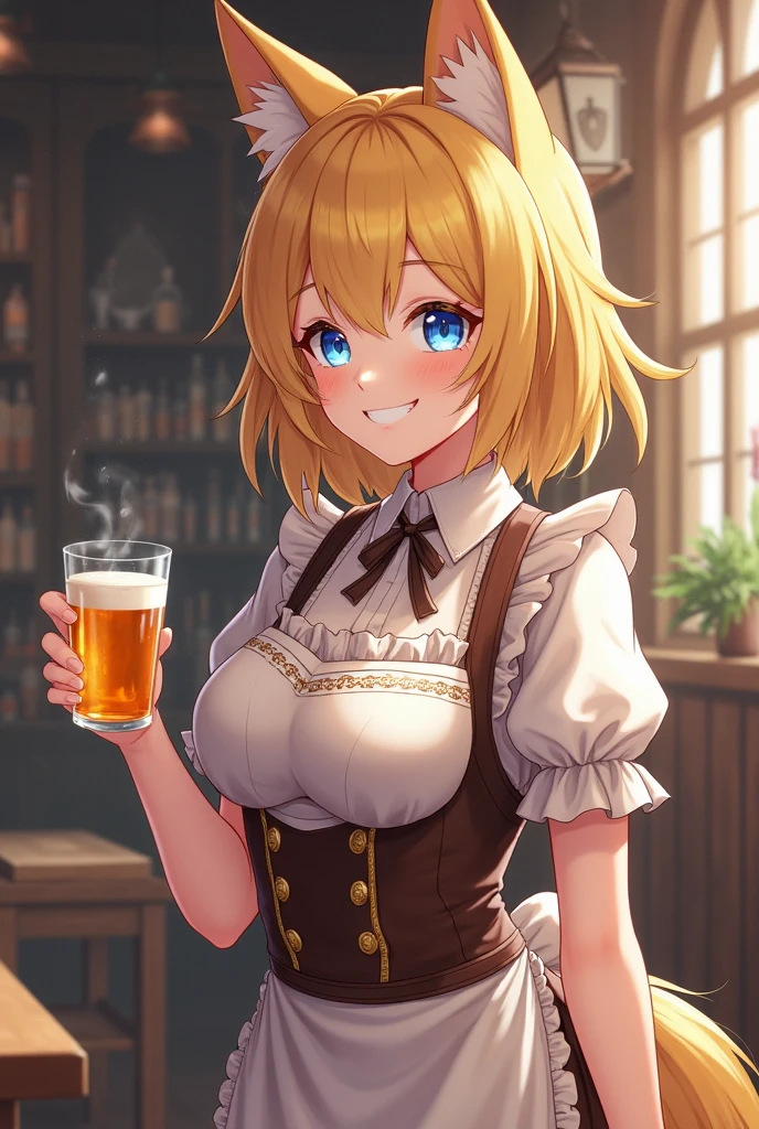 Anime, high resolution, medieval town, bar, 2b (nier automata), ((blindfolded)),medium breasts, (dirndl), waitress, (big beer mug in both hands), front view, lean forward, 1 girl, smile, (best quality), super detailed, bare nipples, puffy nipples, upper body