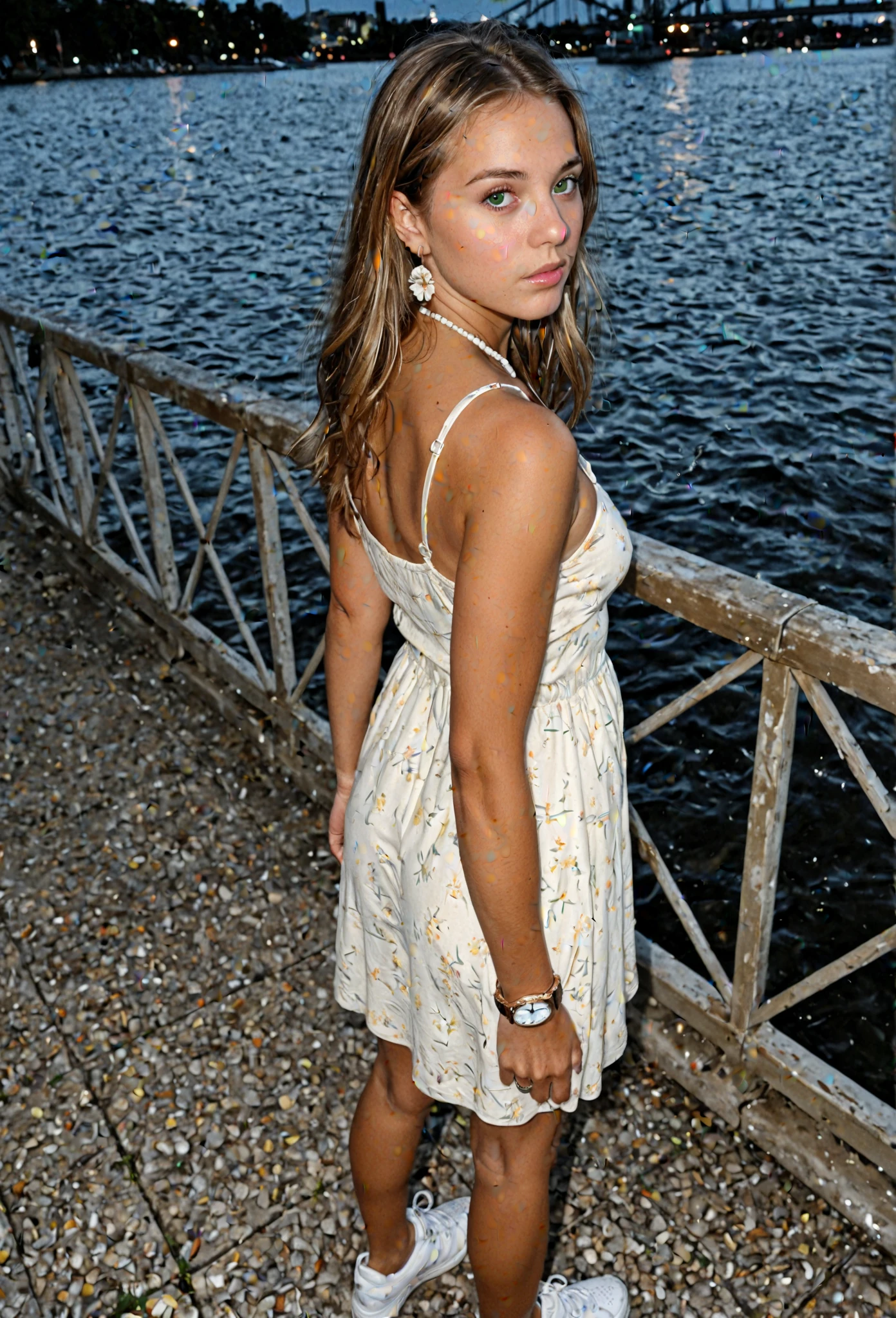 best qualtiy, masterpiece, (realistic:1.6), raw photograph, 1girl, mid body, white lace trim dress, view from side, deep shading, low tune, soft light, looking to the front, ???? pose, long blonde hair, outdoor,water park background, njght, rim light, bokek,