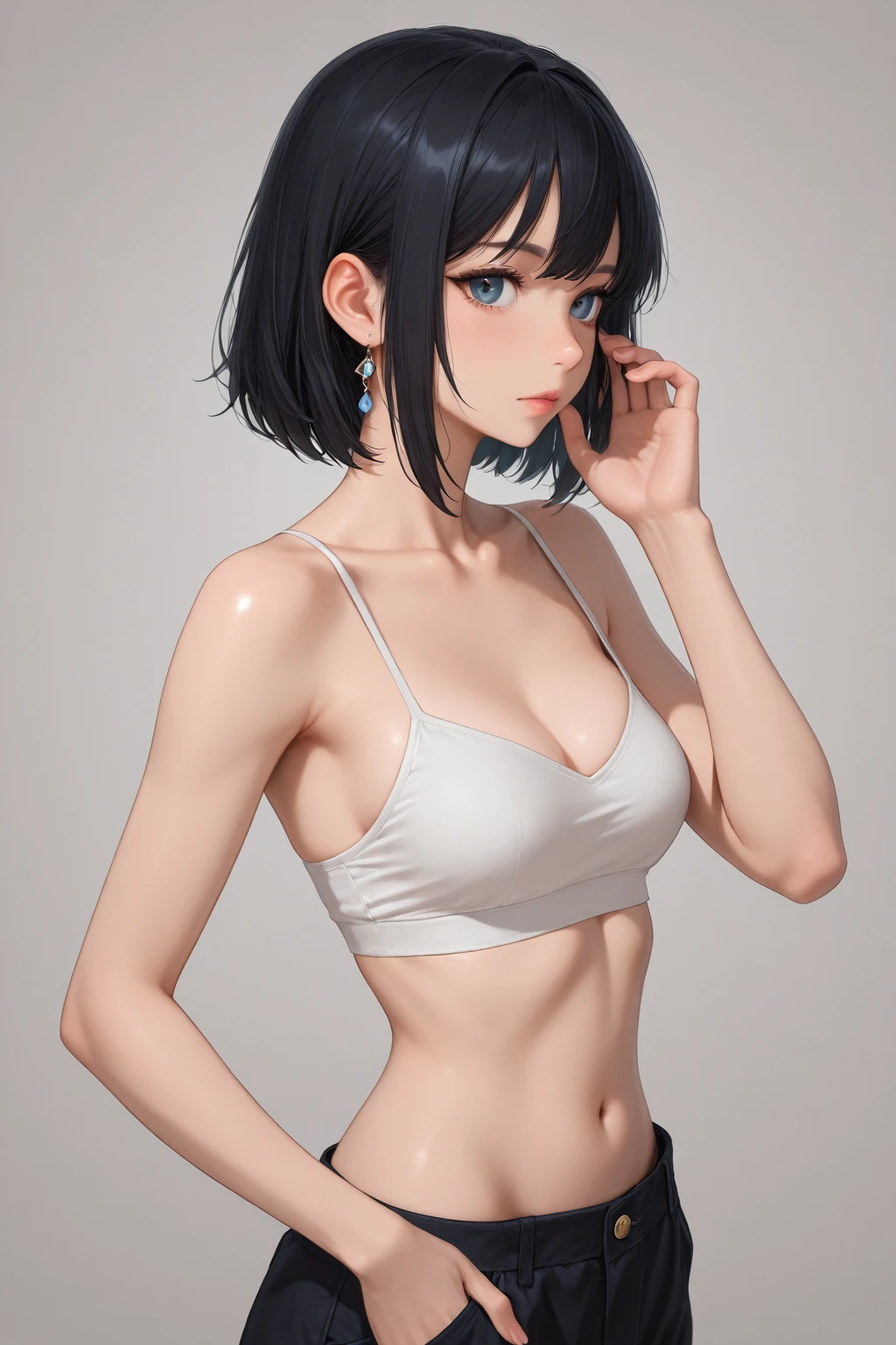 Kai Kokoai, Short Hair, Short Hair, Black Hair, (Photorealistic:1.4), (Masterpiece, Side Light, Exquisite Beautiful Eyes: 1.2), Masterpiece*Portrait, Realistic, 3D Face, Luminous Eyes, Glossy Hair, Glossy Skin, Solo, Embarrassing, (Abdomen),