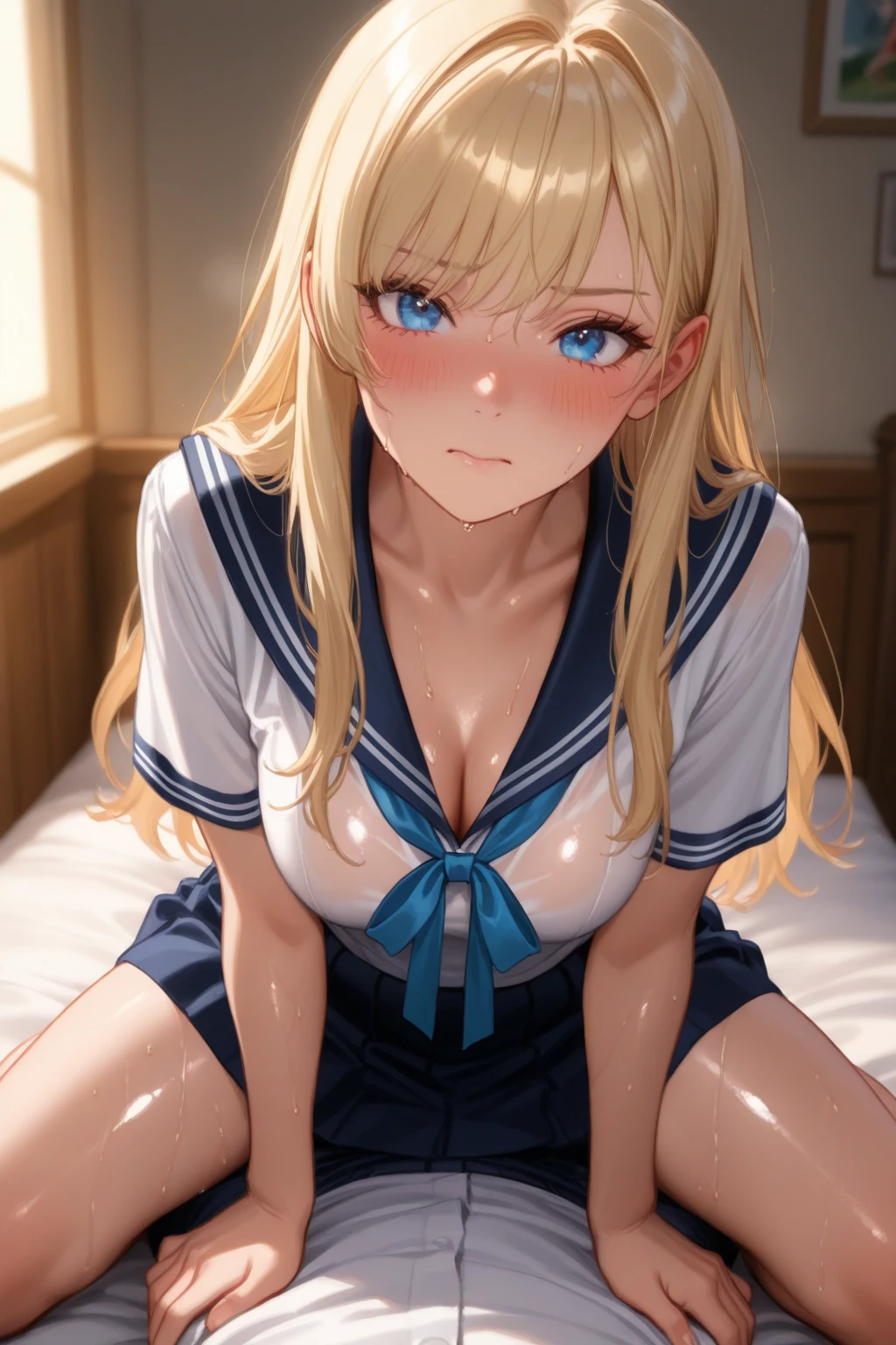 A woman is pushed down on the bed and looks embarrassed, on her back, wearing a sailor suit, breasts visible, skirt pulled up for sex, panties visible, missionary position, erotic face,POV, mouth wide open and screaming, face Blushing, pleasure face.