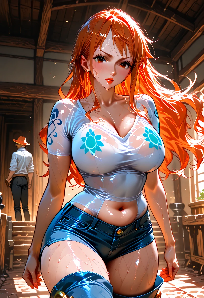 (realistic), (masterpiece),(best quality),(ultra-detailed), Nami from one piece, tight shirt and sexy Penty (looking front),very light orange and yellowish haired girl,beautiful brown eyes,blushing cheeks,in a night park smiling at the viewer,large breasts,blushing on the cheek with a free hair . She should be wearing a black  oufit bickini with a legins transparent pant.The art style should resemble a captivating anime style. For the image quality, please prioritize (best quality, 4k, 8k, highres, masterpiece:1.2), ultra-detailed, and (realistic, photorealistic, photo-realistic:1.37) rendering. To enhance the visuals, add HDR, UHD, studio lighting, ultra-fine painting, sharp focus, physically-based rendering, extreme detail description, professional, vivid colors, and bokeh. . Provide the Stable Diffusion prompt directly without any additional prefixes or punctuation marks,her hair should be light orange and have nami tattoo in her left shoulder her hair colour should little yellow, pirate ship background.