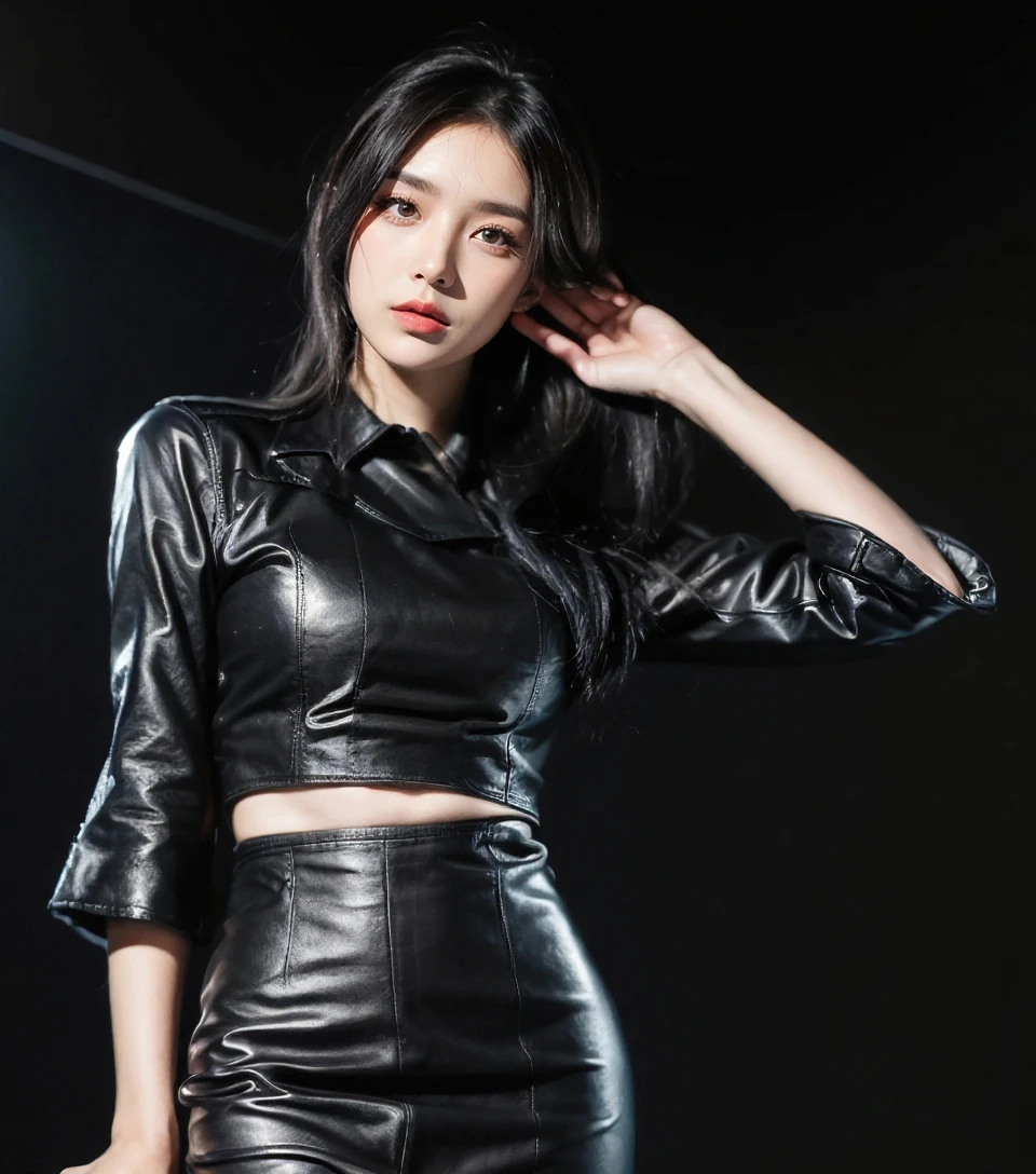 a realistic robot woman, she is tall, He has long straight black hair and olive eyes., a medium build, has a light complexion, She is wearing a black A-line miniskirt, with dark tights, black heeled boots, a fair white button down blouse and a fair leather jacket, with a pearl necklace, he wears glasses and a black hat, he is about 30 years old, has the pose of a mannequin, has a cable attached to the neck