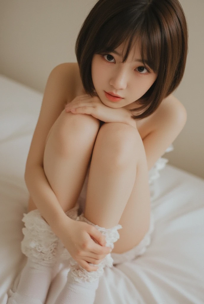 masutepiece, Best Quality, One girl, ((legs up)), Spread legs, Show off ((Wedge Micro Panties))  ((((Lie on your back and show your crotch)))), light skinned、long、Brown hair (Lie down, Cute skirt:1.3),  17 age、Saori、White panty、White bra