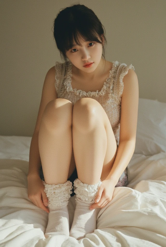 An ultra-high picture quality、(((From below:1.6)))japanes、1 woman around 20 years old、Black hair、short-cut、Beautiful face with blue eyes、A detailed face、Detailed eyes、realisticeyes、Detailed skin、realskin、Detailed hair strands、dishevled hair、disheveled hair、Slim body、Beautiful body、styles、In a moonlit room、((Sit on both knees))、on the beds、Put your face on your lap、((tilted my head to the side))、((Sad look))、(room at night)、