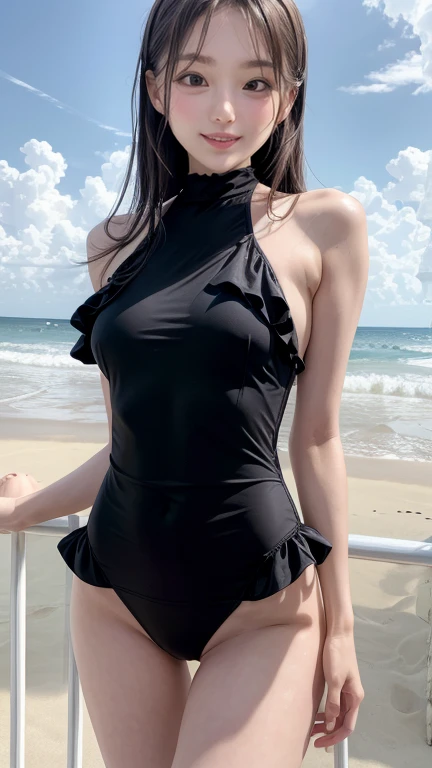 ulzzang-6500-v1.1, (original photo:1.2), (逼real), (real:1.4), (masterpiece), masterpiece, finer details, High resolution, The face and eyes are very detailed, 逼real, textured skin, anatomically correct, sharp, ((full-body shot:1.2)), , (seaside background),, black hair, Semi-long hair, Shapely small breasts, (looking at camera), The expression is serious, (Business appearance), Black backless, (Formal sheath dress), armpit、 (Super realistic black tights)、Pump, necklace