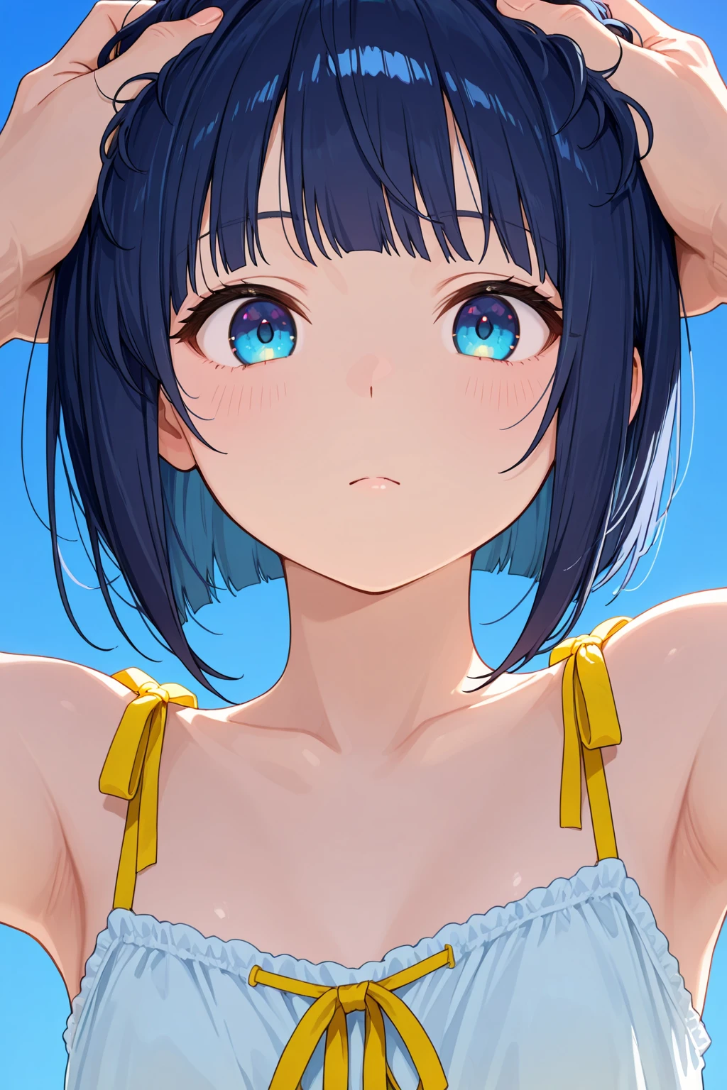 4K,8K,(masterpiece), (Highest quality), (Very detailed), (Disheveled Hair), (shape), (topless), Are standing, Fashion Model,Silver Hair、whole body、 Looking at the audience, (interview), (Simple Background), Beautiful and beautiful eyes, Delicate and beautiful face, floating, (High saturation), (topless), topless, (Shine), Focus on the face, ponytail, Ayaka Kamisato, Light blue hair, bangs, Hair Ring, floating flowers, floating hair, (The Shining), Best lighting, Best Shadow, topless