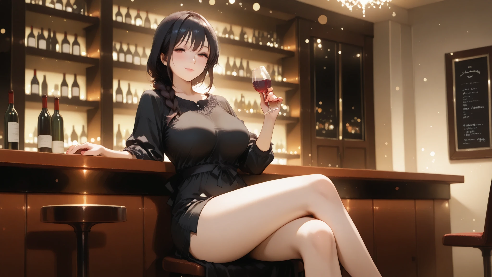 A girl with big tits wearing a tight black dress on a balcony drinking wine showing off underwear
