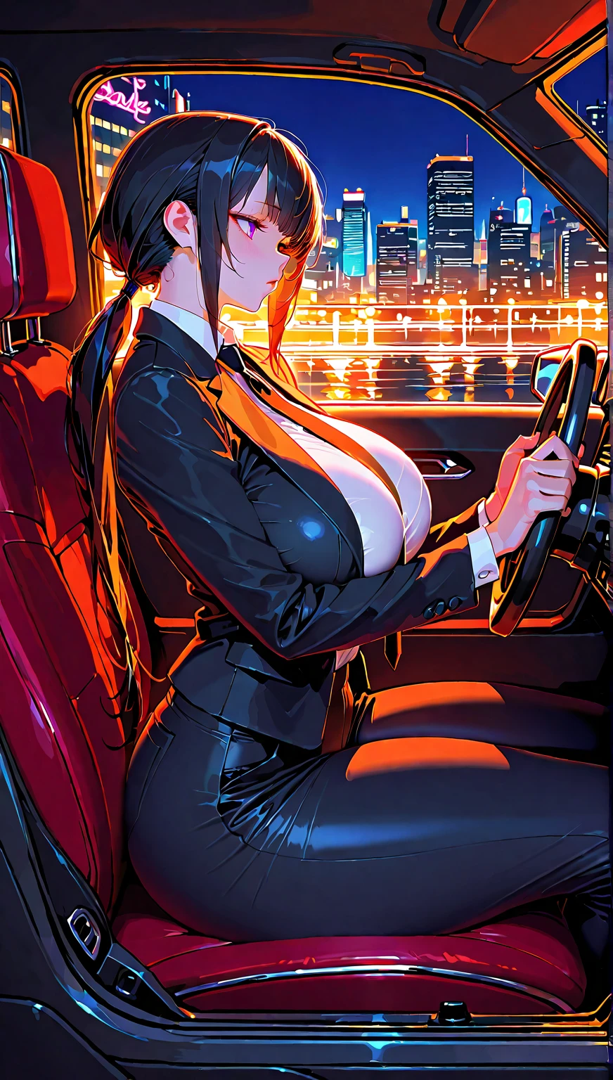 score_9, score_8_up, score_8,1 girl,  solo, toned giant female,  ((tall and big girl)), massive body,  ponytail, muscular thighs, eyelashes, (((pale skin))), horny, insanely aroused, bedroom eyes, big breasts ,sweat drops, round breasts, breasts together, sweating profusely, textured skin, skindentation , thighhighs,(Eliza_From_Tekken_7vampire_girl),night ,expressive, exhausted, looking at viewer,closed mouth, smile,,yellow eyes,black  hair,(wide hips:1.4),(Voluptuous:1.4),cleavage, pretty,sexy face, half closed eyes,thin waist ,cammeltoe, erect nipples, short waist,long legs, (illuminated character), lights, light,,(detailed eyes,outlined iris, detailed face:1.3), modern clothes, modern age,city street,empty street,solo,huge breasts,pretty face,leopard lace  panties,beautiful long legs,front view,smug smile,wide hips,horns,purple lipstick, leopard lace underwear, solo,(black tiny pencil skirt,unbuttoned white blouse:1.4), (s arched spine,lace bra, thick thighs,), (perfect eyes), (perfect face),((sweaty body)), (curvy body), ,(detailed face and eyes:1.4),concept art, digital art, , Expressiveh,, feet out of frame,thin waist,  (sitting in car backseat,woman sitting in  car cabriolette,open roof car,woman, road) 