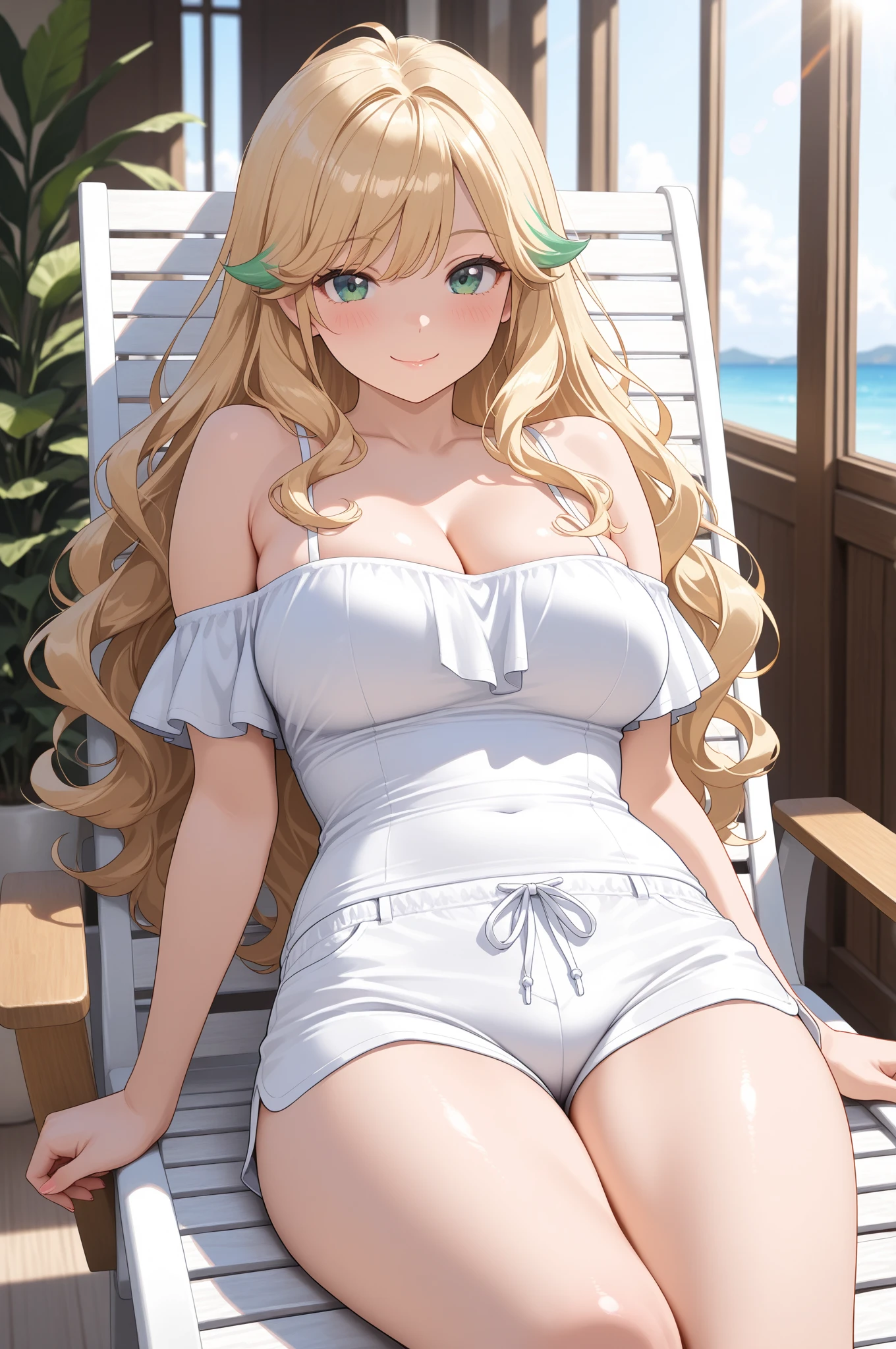 UHD, retina, masterpiece, ccurate, anatomically correct, textured skin, super detail, high details, high quality, award winning, best quality, highres, 1080P, HD, 4K, 8k, 16k、blue sea、Wide sky、Deep sandy beach、Cute Girls、(Pure white frill swimsuit:1.2)、Sunburn mark、Lay a sheet on the beach、Resting on the seat、Pussy Line:0.66、Fingertips on chest or groin,