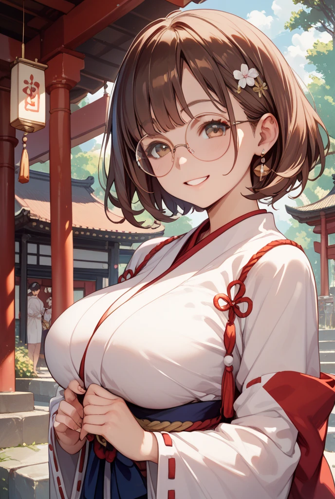 highest quality、High resolution、detailed background、cute10代の美少女、two women、brown hair、bob cut、braided hairstyles、(huge breasts:1.3)、realistic、perfect body line、 pink floral embroidered panties、No bra、cute巫女服、light colored glasses、Glasses、 happy look、smile、sexual expression、Calm atmosphere、 shrine maiden、participate in rituals and festivals、 Perform sacred rituals to offer prayers and blessings in front of the shrine together with the shrine.&#39;chief priest and priests.、 Guide the worshipers、Explaining the rules and etiquette of the shrine.、 It plays the role of supporting worshipers so that they can worship properly.。.、 Seasonal events and events are held at the shrine..、May be involved in planning and management、 Preparation and practice for festivals and kagura、Helping the chief priest and priest at the shrine.、 Shrine management and ritual preparations、Day々business support、 The role of the shrine maiden、This is an important role deeply involved in the maintenance and development of shrine beliefs and festivals.。.、 Activities and services at sacred sites are open to the public..々we are expected to show appreciation and respect、 cute