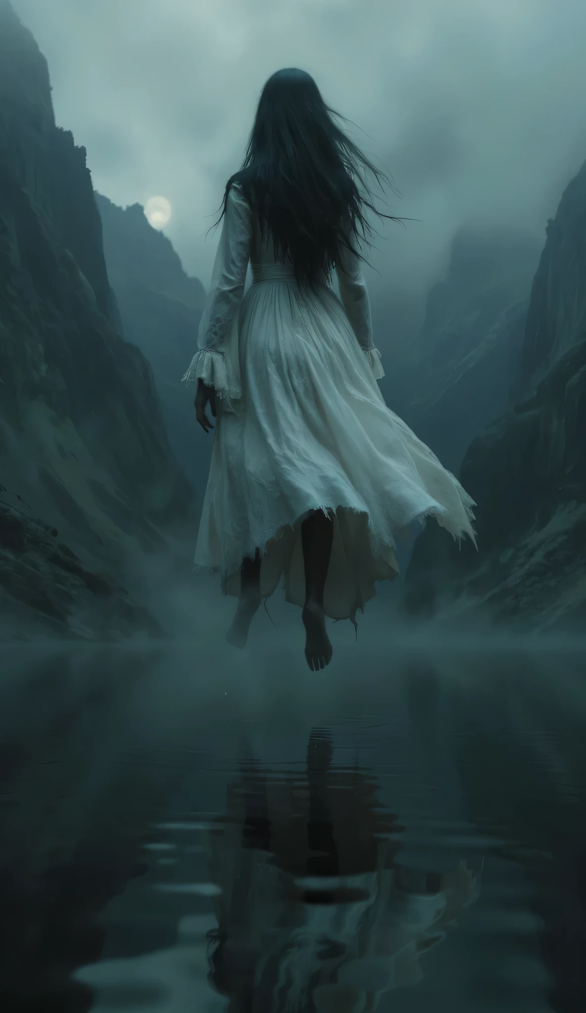 Specter of a woman dressed in white floating above a lake, the crying woman, bright eyes, black hair, white dress, ghost, dark and dark landscape, fog, high resolution image,