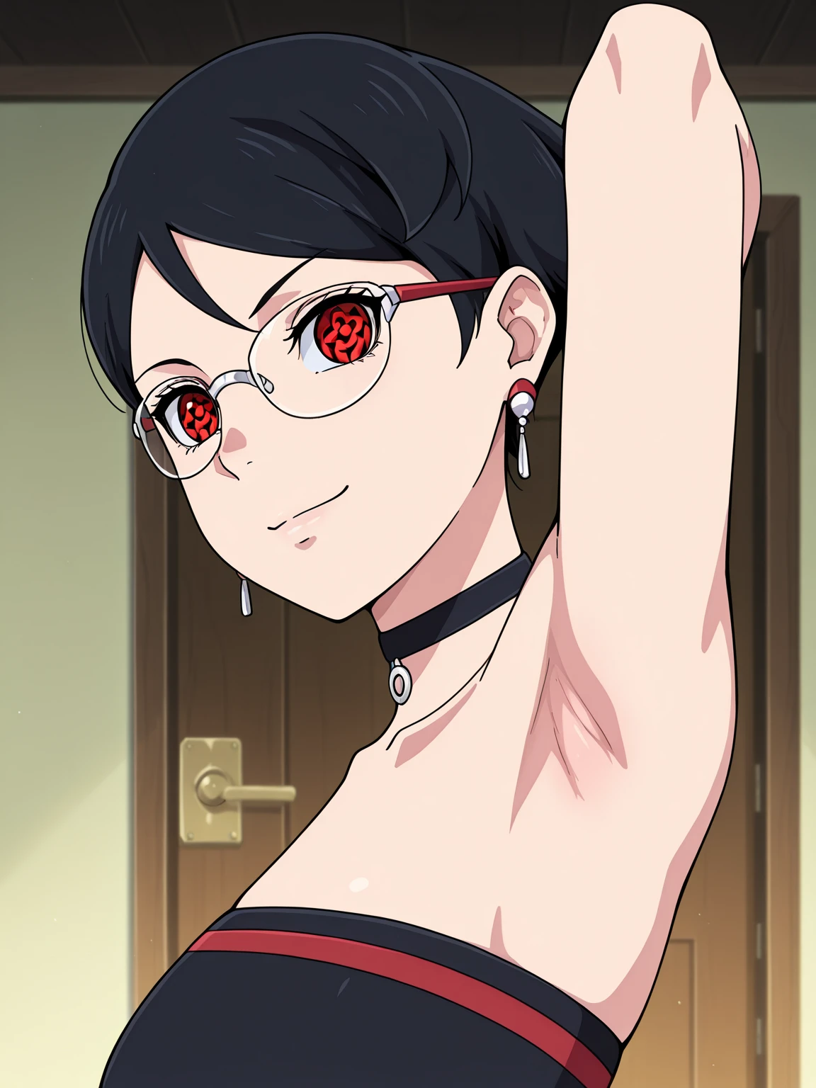 short black hair, Cute girls, sensual lip, Astringent, Blushing and shy, Cool drag, wearing glasses, sleeveless, red outfit, arms up, detailed armpits, medium breasts