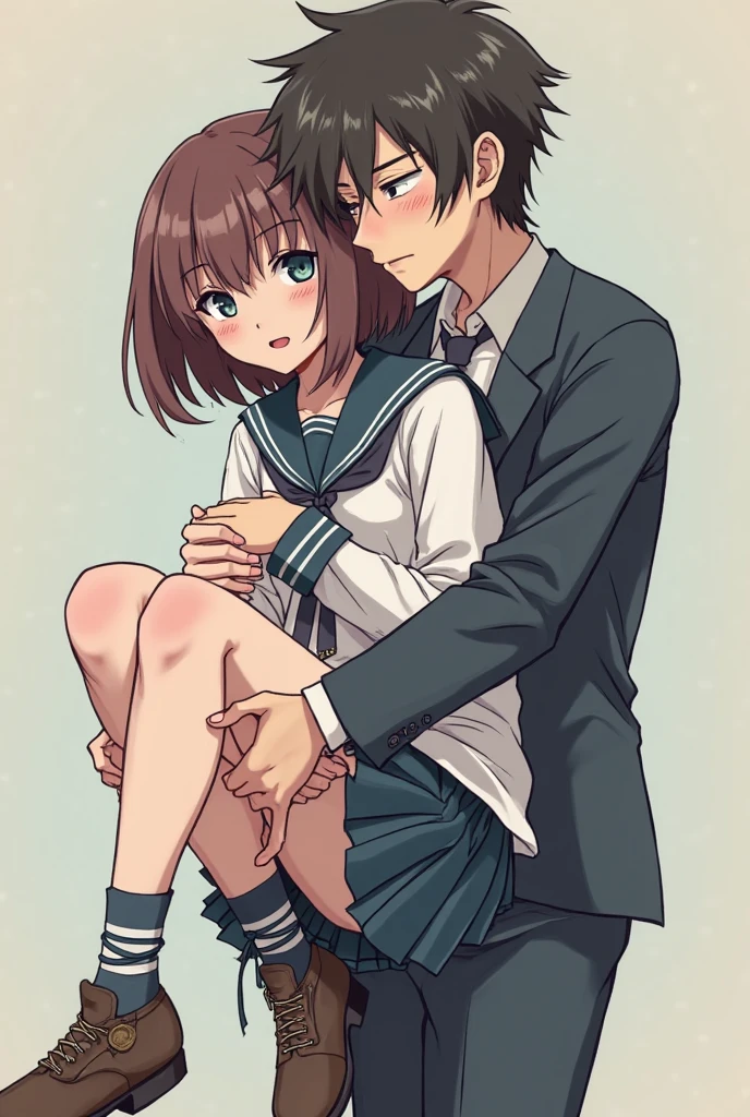(best quality:1.0), (masterpiece:1.0), (super fine illustration:1.0), (beautiful artwork:1.0), (anime screencap:1.0), (official art:1.0), (a 20yo man:1.0), (a man wears business suit and puts on business shoese:1.0), (white background:1.0), (best quality:1.0), (masterpiece:1.0), (super fine illustration:1.0), (beautiful artwork:1.0), (anime screencap:1.0), (official art:1.0), (full body:1.0), (HSGα:1.0), (a 18yo cute girl:1.0), (long skirt:1.2), (dark blue skirt:1.0), (pleated skirt:1.0), (school uniform beige blazer:1.0), (red necktie:1.0), (loafers:1.0), (black socks:1.0), (ideal ratio body proportions:1.2), (lanky:1.2), (tall:1.2), (slender:1.2), (small breasts:1.2), (smaller face:1.2), (tareme:1.0), (detailed beautiful eyes:1.0), (detailed beautiful face:1.0), (glowing black eyes:1.0), (long hair:1.0), (brown hair:1.0), (standing:1.0), (looking at a man:1.0)